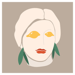 Greek goddess. Stylized abstract portrait of a woman with lemons on her eyes in trendy colors. Vector illustration, print design. Mediterrane woman