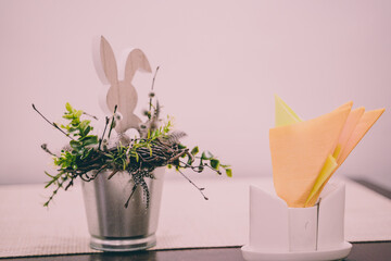 Empty Restaurant Table with Easter Decorations