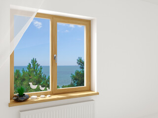 Modern double wooden window in the interior