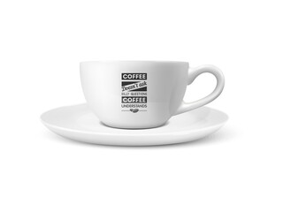 Vector 3d Realistic White Porcelain Ceramic Mug Isolated on White Background. Tea, Coffee Cup with Typography Quote, Phrase about Coffee. Stock Illustration. Design Template for Mockup. Front View