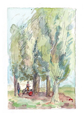 Watercolor sketch, landscape with people. Illustration, format jpg