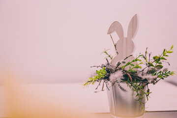 Isolated Handmade Easter Decorations, Bunny with Flowers in Bucket, Copy Space