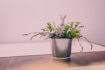 Isolated Handmade Easter Decorations, Bunny with Flowers in Bucket, Copy Space
