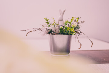 Isolated Handmade Easter Decorations, Bunny with Flowers in Bucket, Copy Space