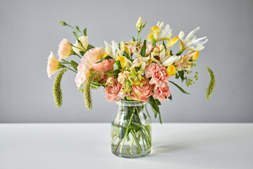 Bouquet 005, step by step installation of flowers in a vase. Flowers bunch, set for home. Fresh cut flowers for decoration home. European floral shop. Delivery fresh cut flower.