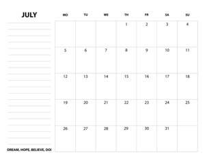 Minimalist planner calendar for study or work, July 2021. 
