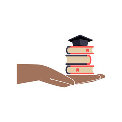 The hand holds the books and the cap of the graduate, the concept of training, educational courses. Logo, badge, sign, emblem, education symbol. Isolated vector illustration
