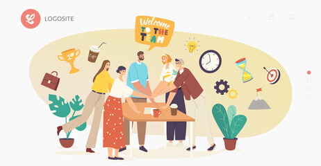 Teamwork Support Landing Page Template. Colleagues Character around of Desk Connecting Hands. Successful Business Deal