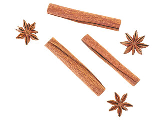 Top view of cinnamon sticks and star anise spice isolated on a white background