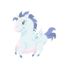 Cute smiling unicorn. Illustration of funny cartoon unicorn isolated on white. 