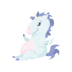 Cute sitting unicorn. Illustration of funny cartoon smiling unicorn isolated on white. 