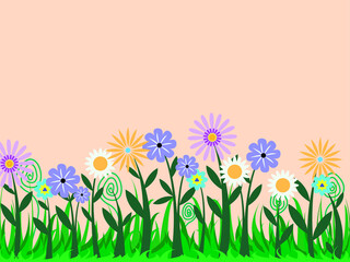 Vector graphics - bright colorful flowers growing out of grass on a pink background and space to copy. Concept-summer