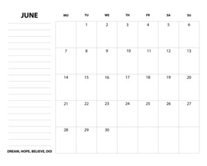 Simple calendar and planner 2021 for June with To Do List and motivation phrase 