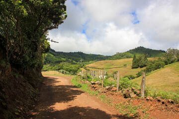 Landscape at Santa Maria island, during walking tour, Atlantic ocean, Azores.