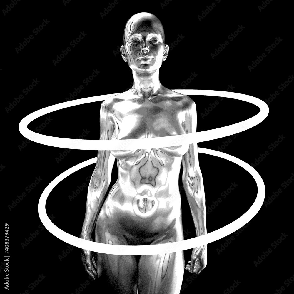 Poster robot or artificial human made of glossy material. mixed media technique: 3d rendering illustration 