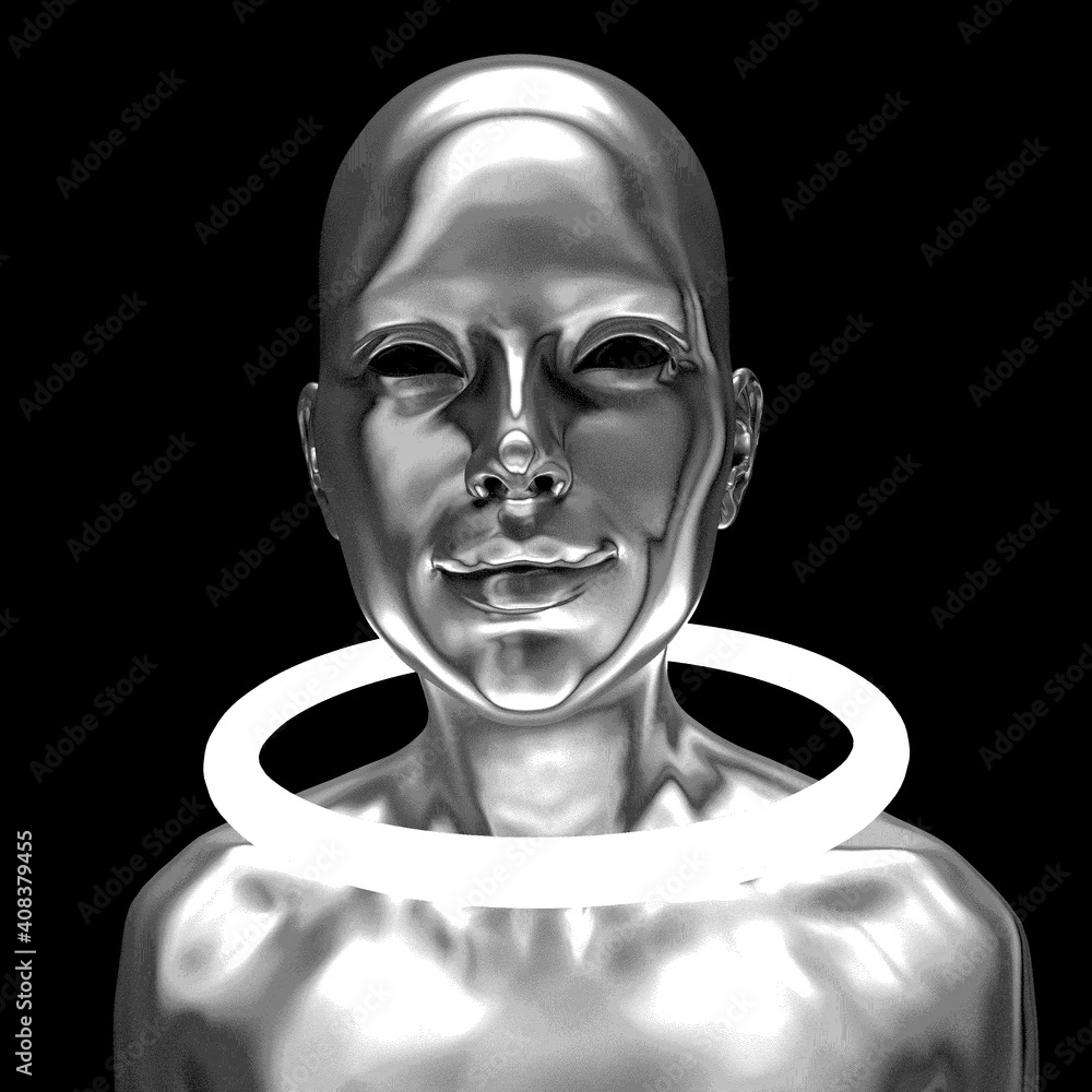 Poster robot or artificial human made of glossy material. mixed media technique: 3d rendering illustration 