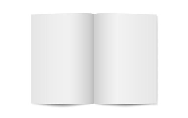 Magazine mockup on white backdrop. Opened magazine template. Vertical catalog or brochure. Realistic mockup with soft shadow. Clean open blank. Vector illustration