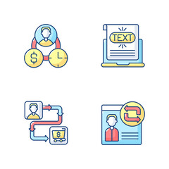 Web analytics RGB color icons set. Creating anchor link for another sites. Customers journey map planning process. Isolated vector illustrations
