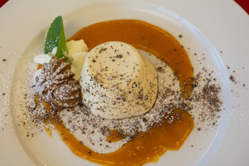 Fine Custard With Sauce And Whipped Foam Garnished