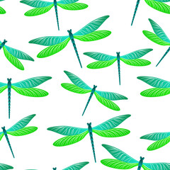 Dragonfly abstract seamless pattern. Spring dress textile print with flying adder insects. Isolated