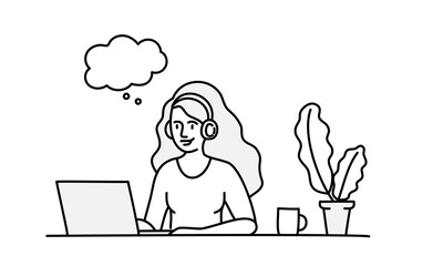 Young girl  with headphones working at laptop. People stay at home. Hand drawn vector illustration.