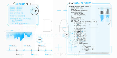 HUD interface elements with part of the code C Plus Plus. - obrazy, fototapety, plakaty