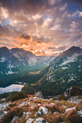 Fototapeta Sunset panorama in High Tatras mountains national park. Mountain popradske lake in Slovakia. obraz