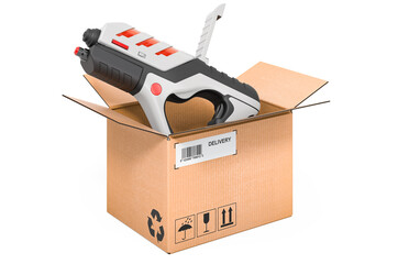 Game gun inside cardboard box, delivery concept. 3D rendering