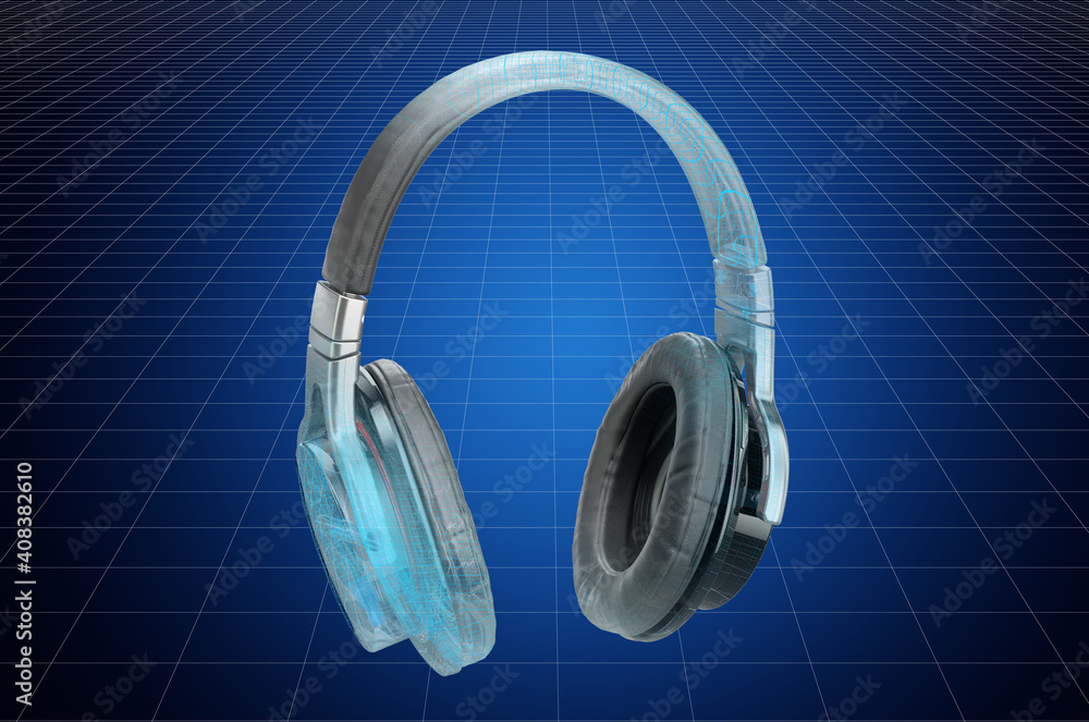 Poster visualization 3d cad model of headphones, blueprint. 3d rendering