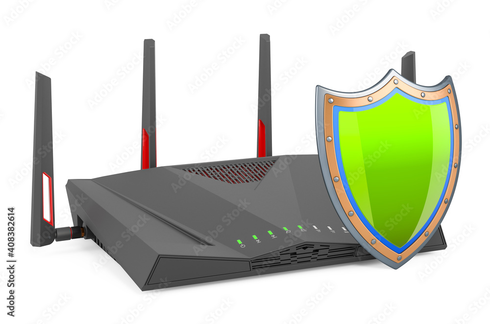 Poster wi-fi router 6g with shield, 3d rendering