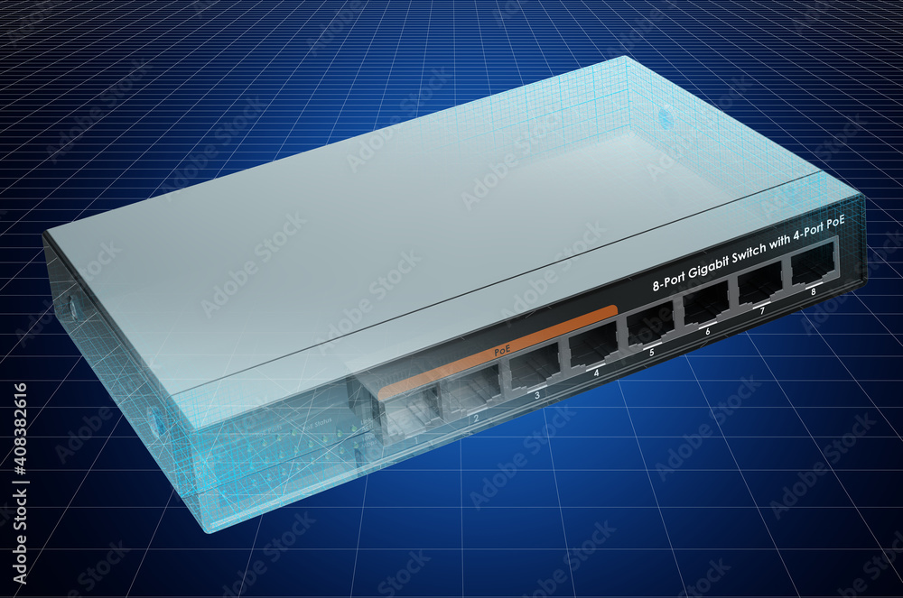 Aufkleber visualization 3d cad model of network switch, blueprint. 3d rendering