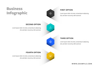 Clean business infographic with hexagon shapes and soft shadows, modern timeline layout with vertical perspective
