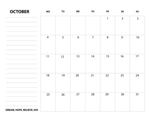 Minimalist planner calendar for study or work, October 2021.  - obrazy, fototapety, plakaty