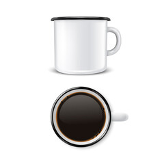 Vector 3d Realistic Enamel Metal Blank White Mug with Black Coffee Inside Isolated on White Background. Front and Top View. Design Template for Mock up