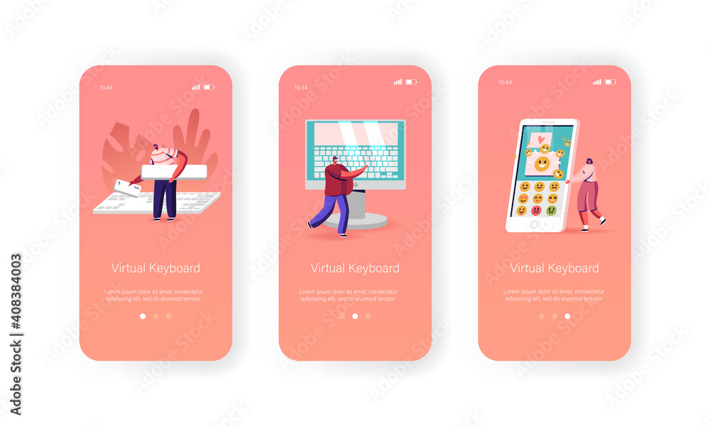 Poster people typing on virtual keyboard mobile app page onboard screen template. tiny characters at huge m