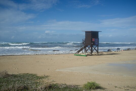 Lifeguard station on an empty beach in Paphos, Cyprus 