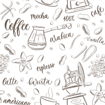 Hand sketch drawing coffee elements background, seamless pattern.