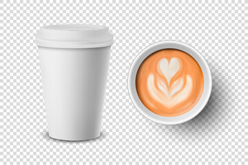 Vector 3d Realistic Paper White Disposable Cup Set Isolated with Milk Coffee Foam, Flower, Heart Pattern. Latte, Capuccino. Stock Vector Illustration. Design Template. Top and Front View