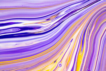 Fluid art texture. Backdrop with abstract mixing paint effect. Liquid acrylic picture that flows and splashes. Mixed paints for baner or wallpaper. Purple, yellow and white overflowing colors