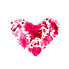 Watercolor abstract pink stain with splashes in shape of the heart. Bright texture colorful element for abstract background.