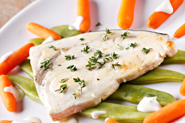 Grilled Swordfish with mixed vegetables. High quality photo.