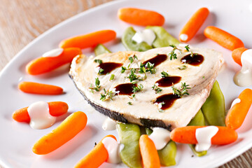 Grilled Swordfish with mixed vegetables. High quality photo.