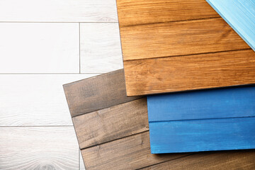Different wooden surfaces for photography, flat lay. Stylish photo background