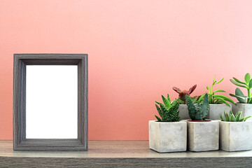 Succulent plants in ceramic pots arranged on a wooden shelf with a blank picture frame.