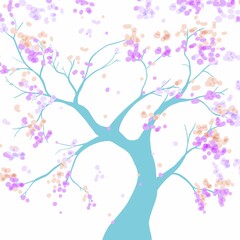 Spring flowering tree. A beautiful magic tree. Botanical illustration with branches, leaves and flowers. 