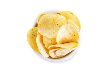 Yellow potato chips with salt and season on a white isolated background