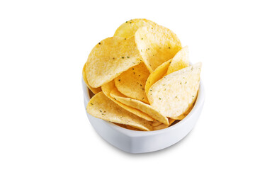 Yellow potato chips with salt and season on a white isolated background
