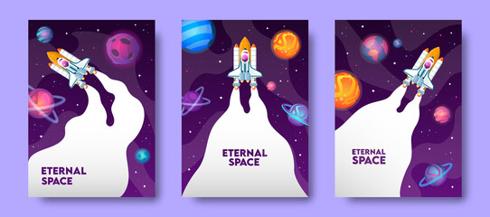 Vector banner design of spaceship sailing in the universe