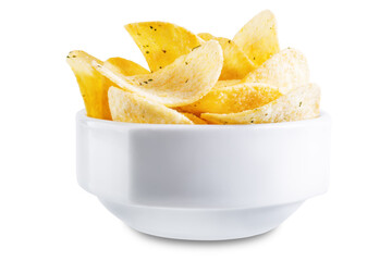Naklejka na ściany i meble Yellow potato chips with salt and season on a white isolated background