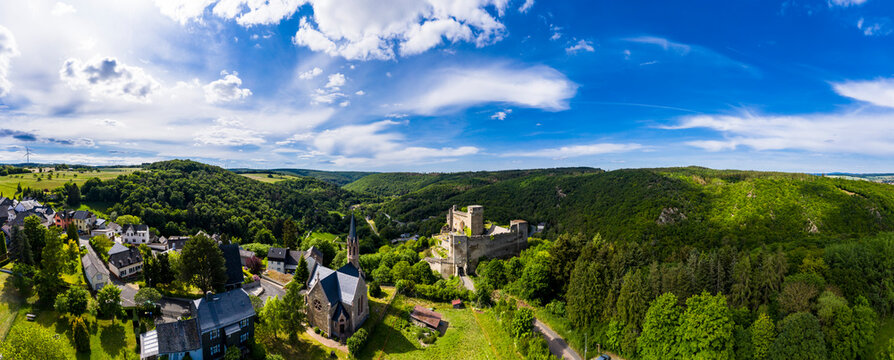 Panoramic drone shot of Burg Hohenstein, Bad Schwalbach, Rheingau-Taunus-Kreis, Hesse on sunny day, Germany